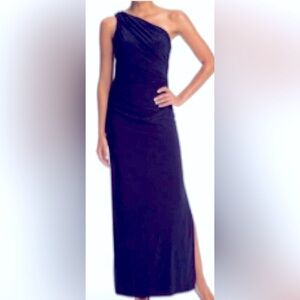 Betsy Adam Womens Plus Formal Shirred One Shoulder
Gown Sz 4 Navy